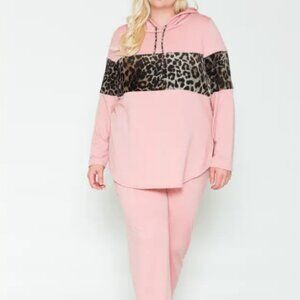 Plus Size Pink (Big Leopard Print) Detail Printed Hoodie & Pants Sets